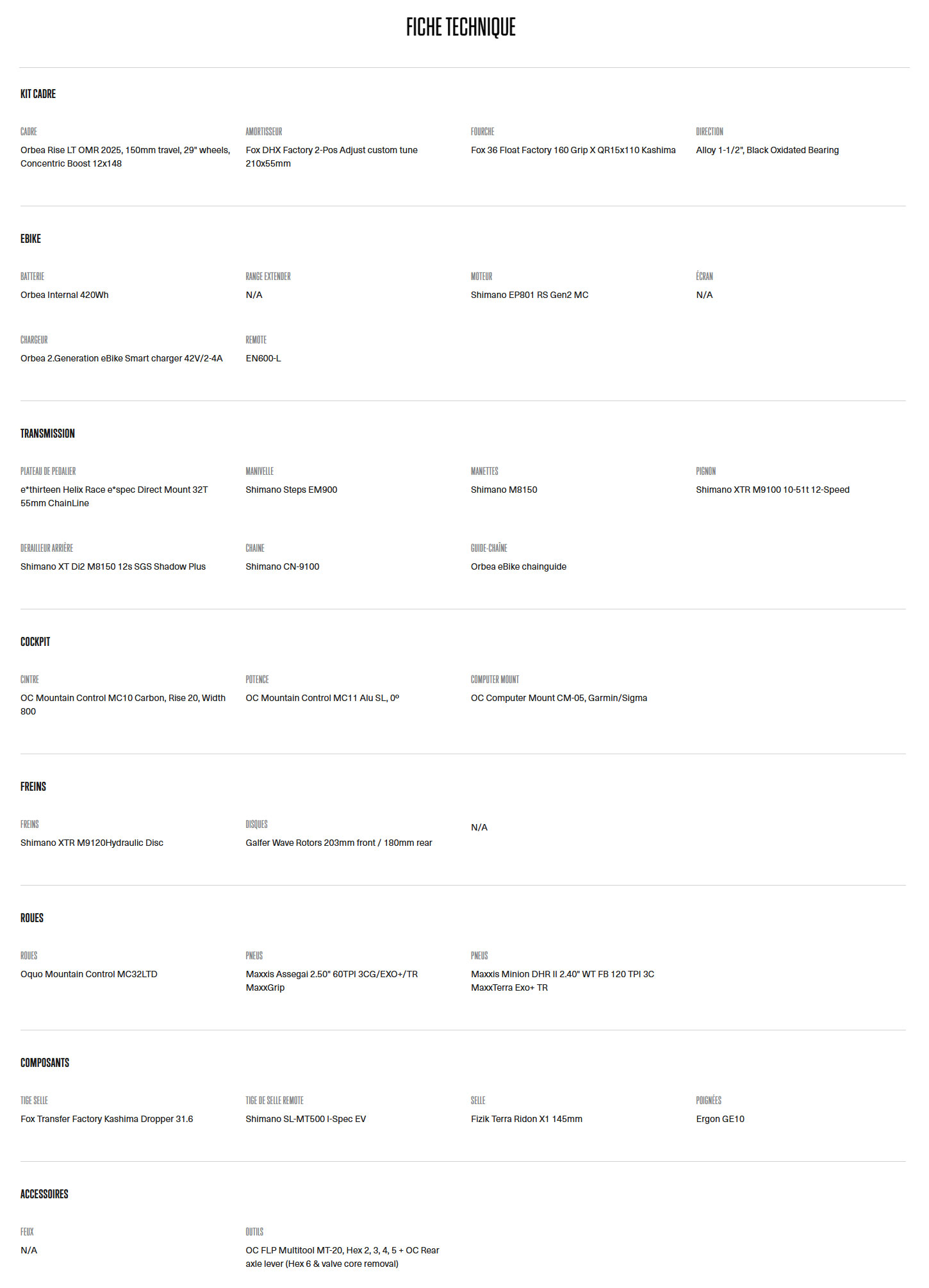Caracteristique technique du Vélo électrique Rise LT M-TEAM 630Wh année 2025